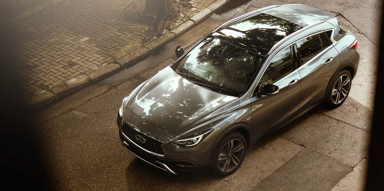Aerial View Of The 2019 INFINITI QX30 Crossover SUV Exterior Shown In Graphite Shadow Color
